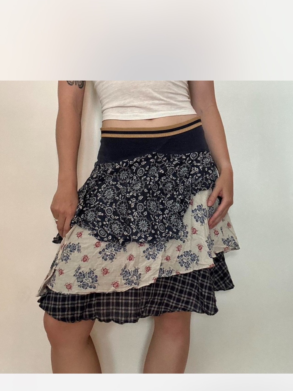 Free People tiered ruffle plaid ditsy floral peasant full Skirt small